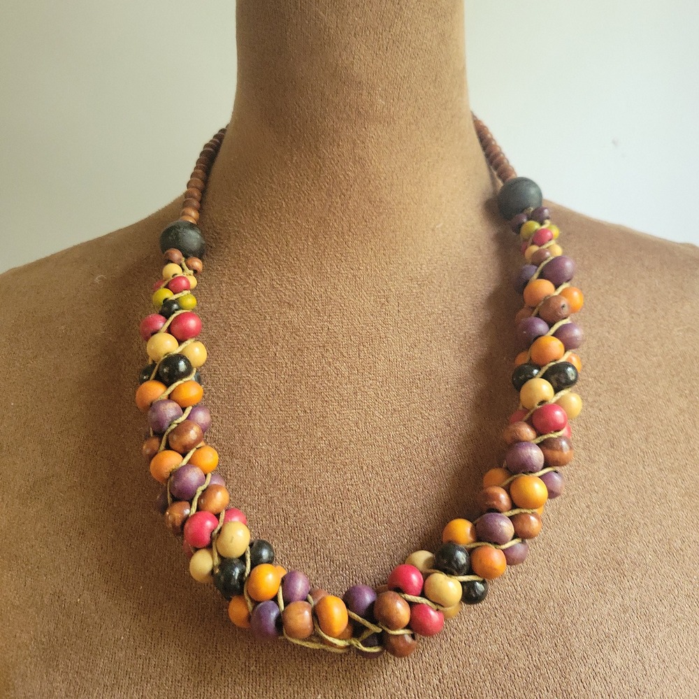 Vintage Multi Color Braided Wood Bead Chunky Statement Necklace 20 In Eclectic